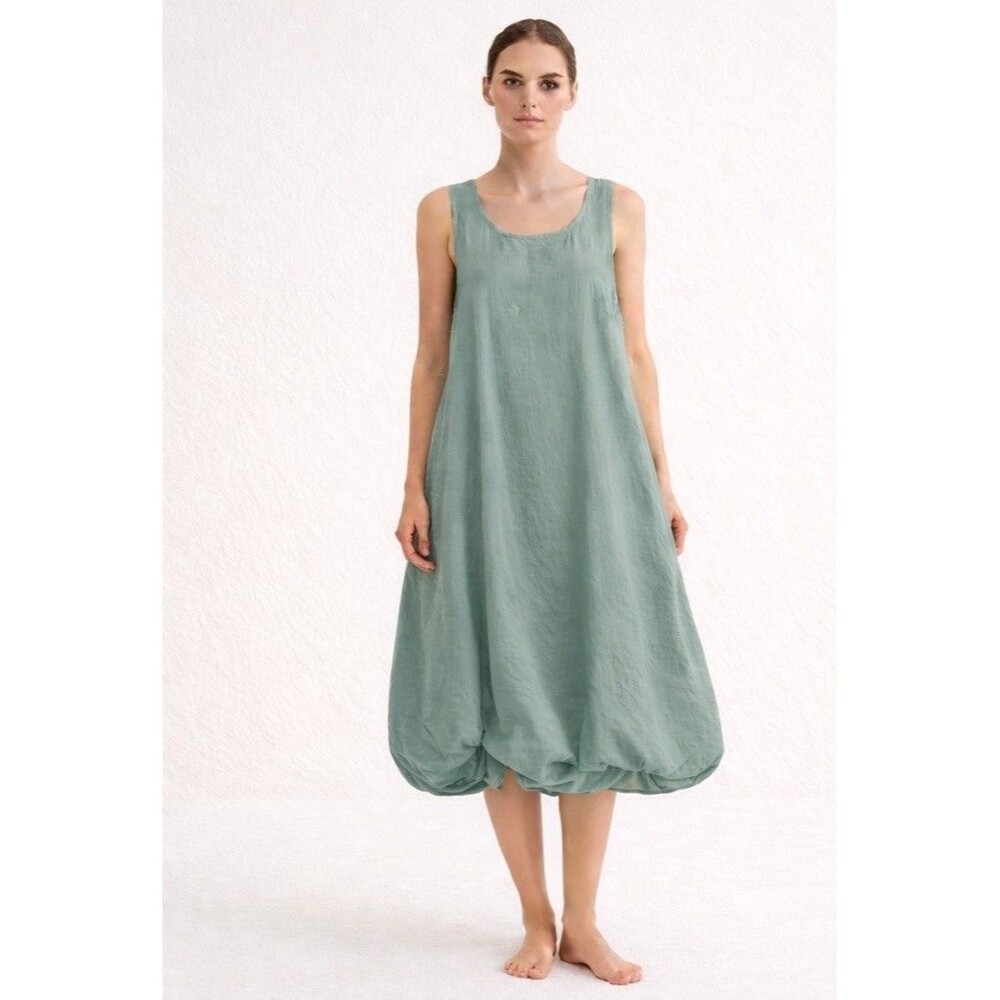 100% Cotton Green avant-garde midi Dress Bubble Skirt With lace-up back detail L